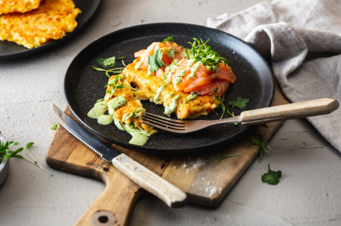 Europäisiert: Okonomiyaki mit Kartoffeln und Lachs
